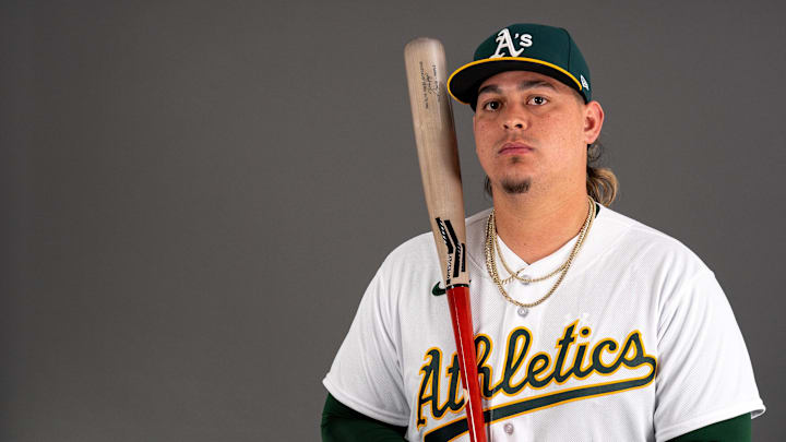 Feb 23, 2023; Mesa, AZ, USA; Oakland Athletics catcher Yohel Pozo (31) poses for a portrait during spring training photo day at HoHoKam Stadium. Mandatory Credit: Allan Henry-Imagn Images