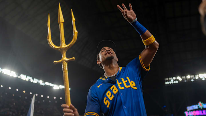 Seattle Mariners center fielder Julio Rodriguez celebrates after a win against the Texas Rangers on Sept. 13 at T-Mobile Park.