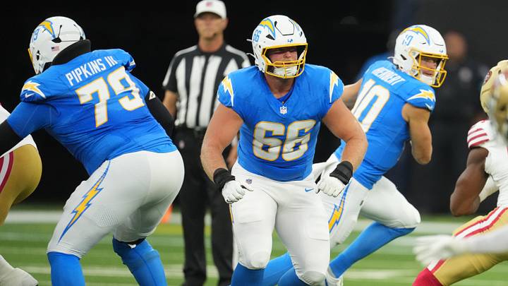 Aug 20, 2026; Inglewood, California, USA; Los Angeles Chargers center Jake Slaughter (66) gainst the San Francisco 49ers in the first half at SoFi Stadium. Mandatory Credit: Kirby Lee-Imagn Images Aug 20, 2026; Inglewood, California, USA; Los Angeles Chargers center Jake Slaughter (66) gainst the San Francisco 49ers in the first half at SoFi Stadium. Mandatory Credit: Kirby Lee-Imagn Images