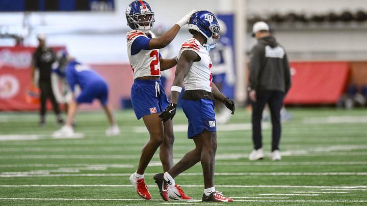 May 21, 2026; East Rutherford, NJ, USA; New York Giants cornerback Paulson Adebo (21) and cornerback Deonte Banks (2) interact during organized team activities at Quest Diagnostics Training Center. May 21, 2026; East Rutherford, NJ, USA; New York Giants cornerback Paulson Adebo (21) and cornerback Deonte Banks (2) interact during organized team activities at Quest Diagnostics Training Center.