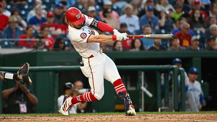 Jun 15, 2026; Washington, District of Columbia, USA; Washington Nationals right fielder Dylan Crews (3) hits a three run home run against the Kansas City Royals during the fifth inning at Nationals Park. Mandatory Credit: Brad Mills-Imagn Images Jun 15, 2026; Washington, District of Columbia, USA; Washington Nationals right fielder Dylan Crews (3) hits a three run home run against the Kansas City Royals during the fifth inning at Nationals Park. Mandatory Credit: Brad Mills-Imagn Images