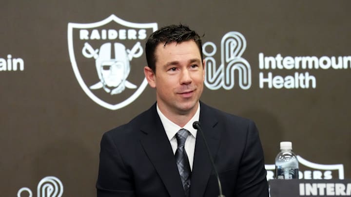 Feb 10, 2026; Henderson, NV, USA; Las Vegas Raiders coach Klint Kubiak speaks at introductory press conference at Intermountain Health Performance Center. Mandatory Credit: Kirby Lee-Imagn Images