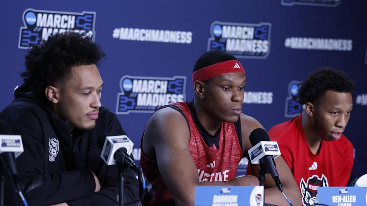 Mar 16, 2026; Dayton, OH, USA; NC State Wolfpack guard Quadir Copeland (11) speaks with the media during a practice session ahead of the first four of the men's 2026 NCAA Tournament at University of Dayton Arena. Mandatory Credit: Rick Osentoski-Imagn Images