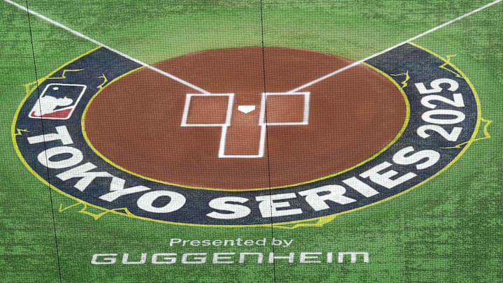 Mar 16, 2025; Bunkyo, Tokyo, Japan; The Tokyo Series logo is printed on the field at Tokyo Dome. Mandatory Credit: Darren Yamashita-Imagn Images