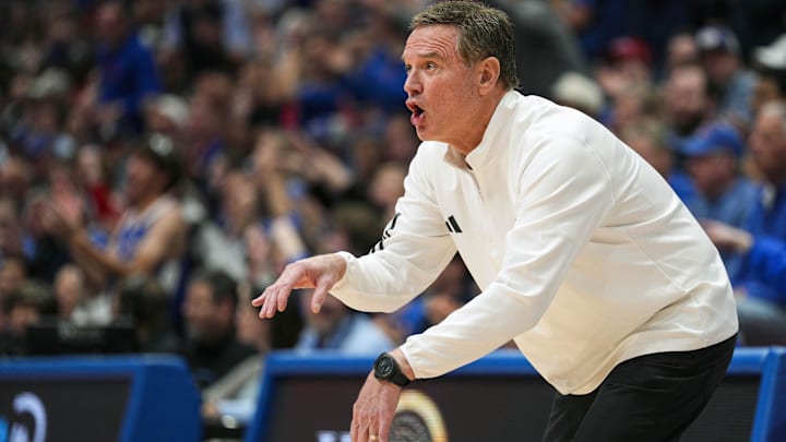 Feb 9, 2026; Lawrence, Kansas, USA; Kansas Jayhawks head coach Bill Self reacts during the first half against the Arizona Wildcats at Allen Fieldhouse. Mandatory Credit: Jay Biggerstaff-Imagn Images