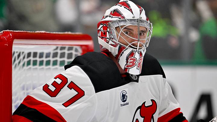 Oct 27, 2026; Dallas, Texas, USA; New Jersey Devils goaltender Connor Hellebuyck (37) looks on during the second period against the Dallas Stars at the American Airlines Center. Mandatory Credit: Jerome Miron-Imagn Images