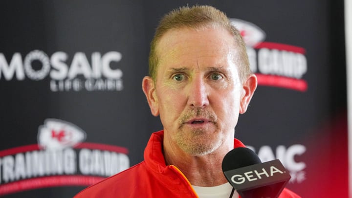 Jul 22, 2024; St. Joseph, MO, USA; Kansas City Chiefs defensive coordinator Steve Spagnuolo talks with media after training camp at Missouri Western State University. Mandatory Credit: Denny Medley-Imagn Images