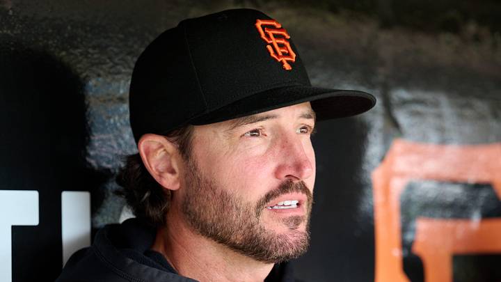 May 24, 2026; San Francisco, California, USA; San Francisco Giants manager Tony Vitello (23) speaks to the media in the dugout before the game against the Chicago White Sox at Oracle Park. Mandatory Credit: Robert Edwards-Imagn Images