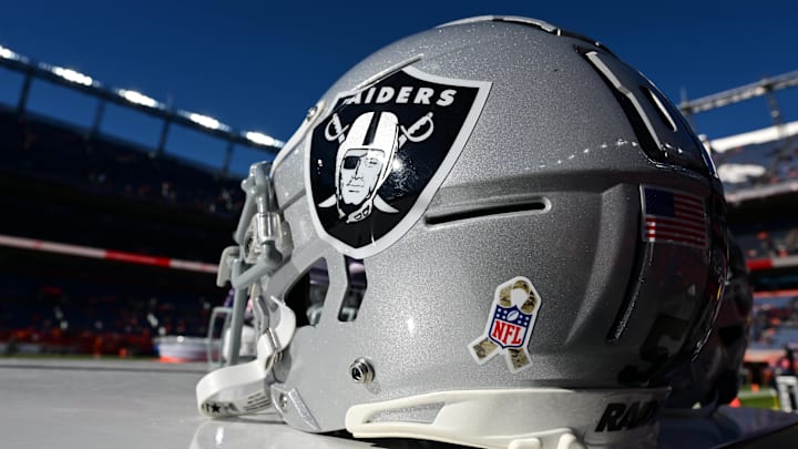 Nov 20, 2022; Denver, Colorado, USA; Detailed view of a Las Vegas Raiders helmet before the game against the Denver Broncos at Empower Field at Mile High. Mandatory Credit: Ron Chenoy-Imagn Images Nov 20, 2022; Denver, Colorado, USA; Detailed view of a Las Vegas Raiders helmet before the game against the Denver Broncos at Empower Field at Mile High. Mandatory Credit: Ron Chenoy-Imagn Images