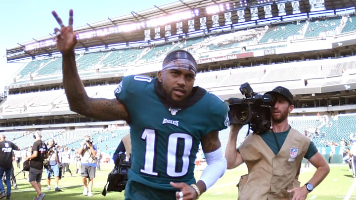 Sep 8, 2019; Philadelphia, PA, USA; Philadelphia Eagles wide receiver DeSean Jackson (10) runs off