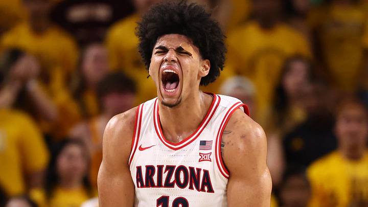 Jan 31, 2026; Tempe, Arizona, USA; Arizona Wildcats forward Koa Peat (10) celebrates against the Arizona State Sun Devils in the second half at Desert Financial Arena. Mandatory Credit: Mark J. Rebilas-Imagn Images