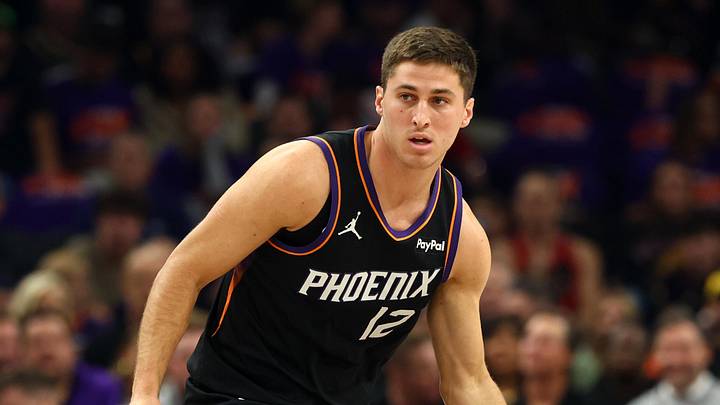 Apr 14, 2026; Phoenix, Arizona, USA; Phoenix Suns guard Collin Gillespie (12) against the Portland Trail Blazers during the play-in rounds of the 2026 NBA Playoffs at Mortgage Matchup Center. Mandatory Credit: Mark J. Rebilas-Imagn Images
Apr 14, 2026; Phoenix, Arizona, USA; Phoenix Suns guard Collin Gillespie (12) against the Portland Trail Blazers during the play-in rounds of the 2026 NBA Playoffs at Mortgage Matchup Center. Mandatory Credit: Mark J. Rebilas-Imagn Images
