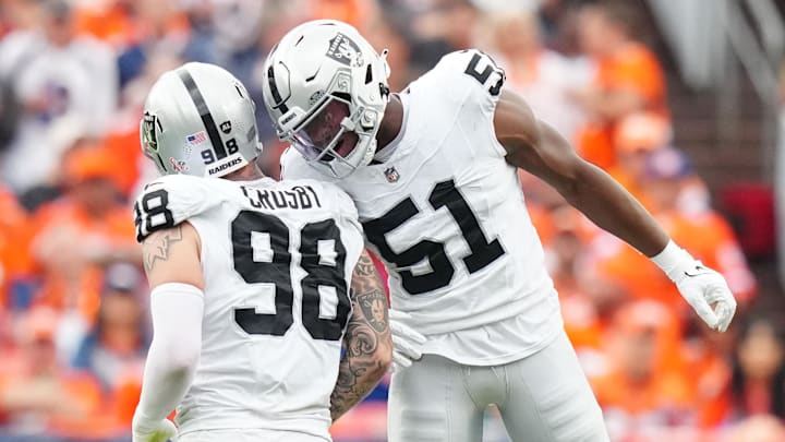 Sep 10, 2023; Denver, Colorado, USA; Las Vegas Raiders defensive end Malcolm Koonce (51) celebrates a sack with defensive end Maxx Crosby (98) against the Denver Broncos in the second quarter at Empower Field at Mile High. Mandatory Credit: Ron Chenoy-Imagn Images Sep 10, 2023; Denver, Colorado, USA; Las Vegas Raiders defensive end Malcolm Koonce (51) celebrates a sack with defensive end Maxx Crosby (98) against the Denver Broncos in the second quarter at Empower Field at Mile High. Mandatory Credit: Ron Chenoy-Imagn Images