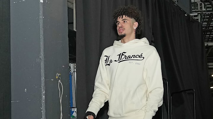 Apr 9, 2025; Toronto, Ontario, CAN; Charlotte Hornets guard LaMelo Ball (1) arrives at the Scotiabank Arena before a game against the Toronto Raptors. Mandatory Credit: Nick Turchiaro-Imagn Images