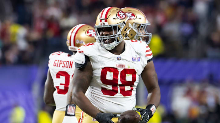 San Francisco 49ers defensive tackle Javon Hargrave (98) celebrates a fumble recovery against the Kansas City Chiefs in Super Bowl LVIII at Allegiant Stadium.