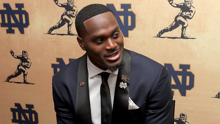 Notre Dame Fighting Irish running back Jeremiyah Love speaks to the media during a press conference