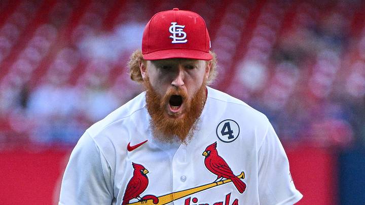 Jun 2, 2026; St. Louis, Missouri, USA; St. Louis Cardinals starting pitcher Dustin May (3) reacts after stranding a runner at third and striking out Texas Rangers first baseman Jake Burger (not pictured) to end the first inning at Busch Stadium. Mandatory Credit: Jeff Curry-Imagn Images Jun 2, 2026; St. Louis, Missouri, USA; St. Louis Cardinals starting pitcher Dustin May (3) reacts after stranding a runner at third and striking out Texas Rangers first baseman Jake Burger (not pictured) to end the first inning at Busch Stadium. Mandatory Credit: Jeff Curry-Imagn Images