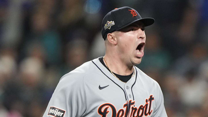Oct 10, 2025; Seattle, Washington, USA; Detroit Tigers starting pitcher Tarik Skubal (29) reacts after striking out Seattle Mariners catcher Cal Raleigh (not pictured) during the sixth inning during game five of the ALDS round for the 2025 MLB playoffs at T-Mobile Park.
