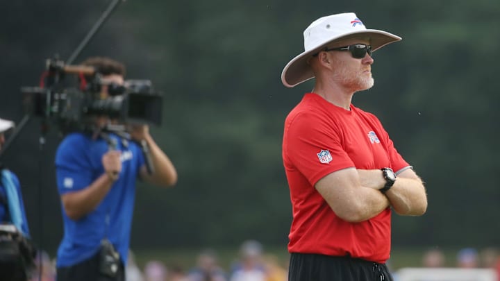 Bills head coach Sean McDermott looks on during offensive drills during the final day of Buffalo Bills training camp at St. John Fisher University Thursday, August 7, 2025 in Pittsford, NY.