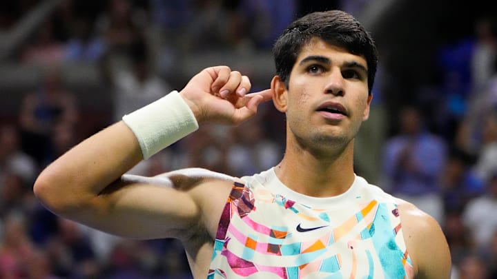 Sept 8, 2023; Flushing, NY, USA; Carlos Alcaraz of Spain reacts to the crowd in the 4th set against