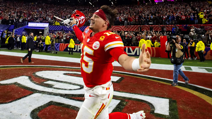 Feb 11, 2024; Paradise, Nevada, USA; Kansas City Chiefs quarterback Patrick Mahomes (15) celebrates after defeating the San Francisco 49ers in overtime of Super Bowl LVIII at Allegiant Stadium. Mandatory Credit: Mark J. Rebilas-Imagn Images Feb 11, 2024; Paradise, Nevada, USA; Kansas City Chiefs quarterback Patrick Mahomes (15) celebrates after defeating the San Francisco 49ers in overtime of Super Bowl LVIII at Allegiant Stadium. Mandatory Credit: Mark J. Rebilas-Imagn Images