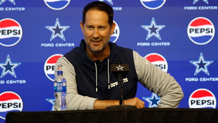 Dallas Cowboys head coach Brian Schottenheimer addresses the media before practice at the Ford Center at the Star Training Facility in Frisco, Texas.