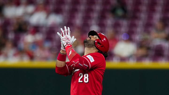 Jun 24, 2026; Cincinnati, Ohio, USA;  Cincinnati Reds designated hitter Eugenio Suarez reacts after hitting an RBI double against the Milwaukee Brewers in the seventh inning at Great American Ball Park. Mandatory Credit: Aaron Doster-Imagn Images