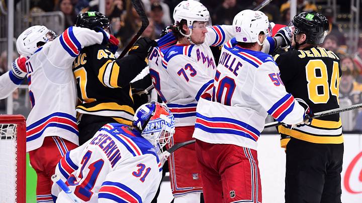 Sep 29, 2026; Boston, Massachusetts, USA; Boston Bruins center Mark Kastelic (47) grabs a hold of New York Rangers center Matt Rempe (73) during the third period at TD Garden. Mandatory Credit: Bob DeChiara-Imagn Images Sep 29, 2026; Boston, Massachusetts, USA; Boston Bruins center Mark Kastelic (47) grabs a hold of New York Rangers center Matt Rempe (73) during the third period at TD Garden. Mandatory Credit: Bob DeChiara-Imagn Images