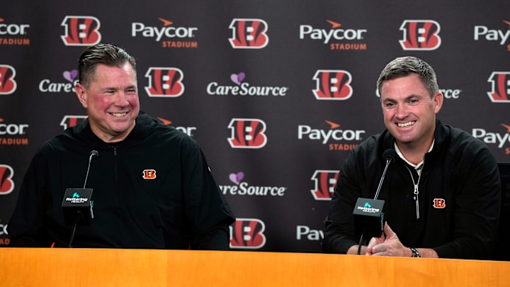 Cincinnati Bengals head coach Zac Taylor, right, introduced new defensive coordinator Al Golden at Paycor Stadium on Monday, January 27, 2025. Golden returns to Cincinnati after being the defensive coordinator for the Notre Dame Fighting Irish. Golden was the Bengals linebacker coach from 2020-21. Cincinnati Bengals head coach Zac Taylor, right, introduced new defensive coordinator Al Golden at Paycor Stadium on Monday, January 27, 2025. Golden returns to Cincinnati after being the defensive coordinator for the Notre Dame Fighting Irish. Golden was the Bengals linebacker coach from 2020-21.