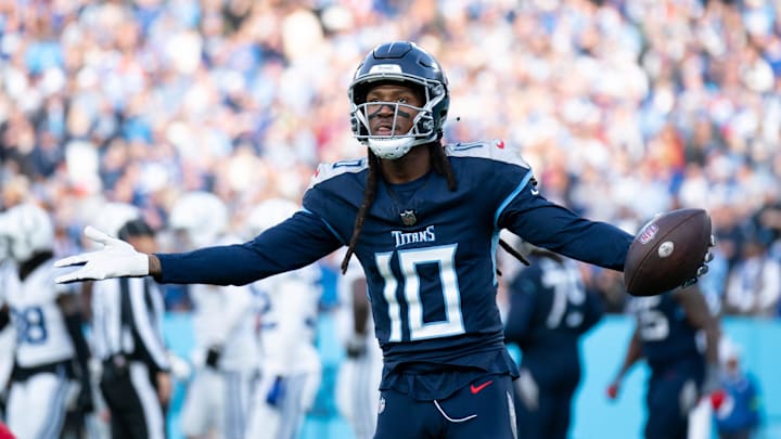 Tennessee Titans wide receiver DeAndre Hopkins (10) celebrates a touchdown against the Indianapolis Colts in the fourth quarter during their game at Nissan Stadium in Nashville, Tenn., Sunday, Dec. 3, 2023.