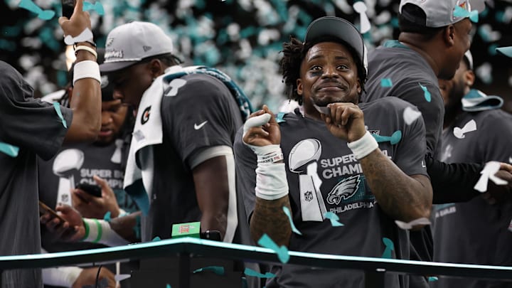 Philadelphia Eagles safety C.J. Gardner-Johnson celebrates during the championship trophy presentation after Super Bowl LIX. Philadelphia Eagles safety C.J. Gardner-Johnson celebrates during the championship trophy presentation after Super Bowl LIX.