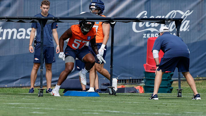 Jul 24, 2025; Englewood, CO, USA; Denver Broncos linebacker Dre Greenlaw (57) during Denver Broncos Training Camp. Mandatory Credit: Isaiah J. Downing-Imagn Images