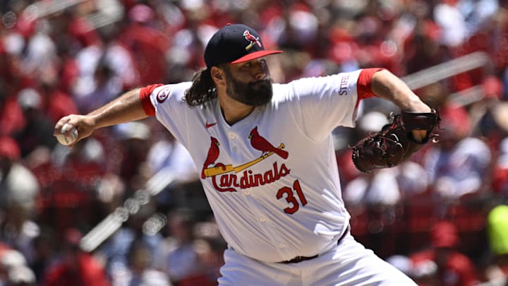 Jun 30, 2024; St. Louis, Missouri, USA; St. Louis Cardinals pitcher Lance Lynn (31) throws against the Cincinnati Reds during the first inning at Busch Stadium. Mandatory Credit: Jeff Le-Imagn Images