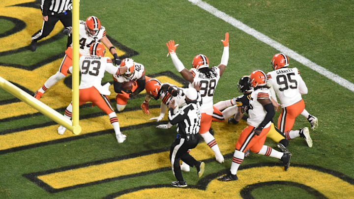 Jan 10, 2021; Pittsburgh, PA, USA;  Cleveland Browns strong safety Karl Joseph (42) recovers a fumble in the end zone for a touchdown against the Pittsburgh Steelers in the first half of an AFC Wild Card playoff game at Heinz Field. Mandatory Credit: Philip G. Pavely-Imagn Images