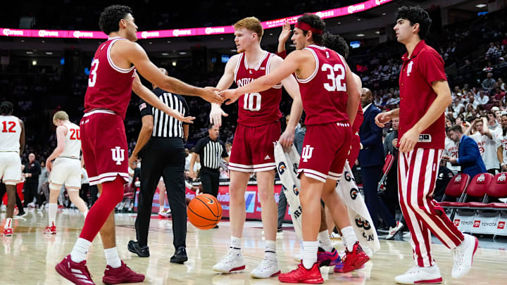 Indiana Hoosiers guard Anthony Leal (3) high-fives his teammates in the first half at Value City Arena on Friday, Jan. 17, 2025 in Columbus, Ohio.