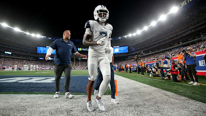 Dallas Cowboys CB Trevon Diggs leaves the field after an injury during the fourth quarter against the New York Giants.