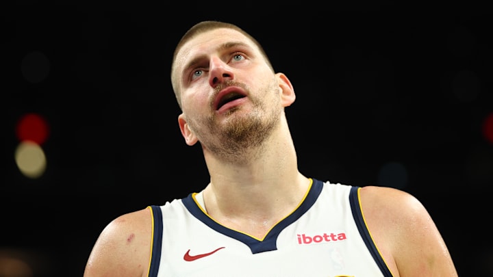Mar 24, 2026; Phoenix, Arizona, USA; Denver Nuggets center Nikola Jokic (15) against the Phoenix Suns at Mortgage Matchup Center.