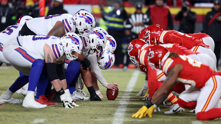 Jan 26, 2025; Kansas City, MO, USA; The Buffalo Bills offensive linemen line up against the Kansas City Chiefs defensive line during the first half in the AFC Championship game at GEHA Field at Arrowhead Stadium.