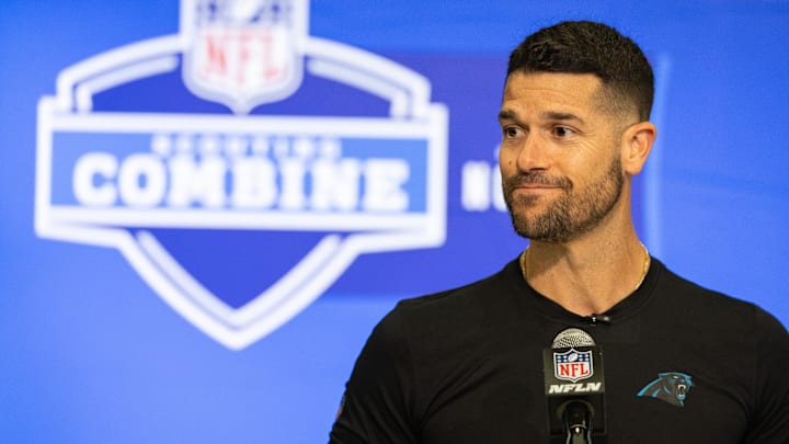 Feb 27, 2024; Indianapolis, IN, USA; Carolina Panthers head coach Dave Canales talks to the media