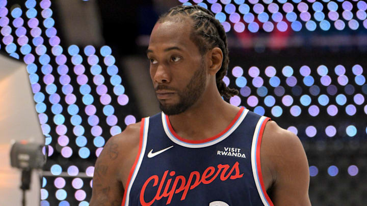 Sep 29, 2025; Inglewood, CA, USA; LA Clippers forward Kawhi Leonard (2) poses during media day at Intuit Dome. 