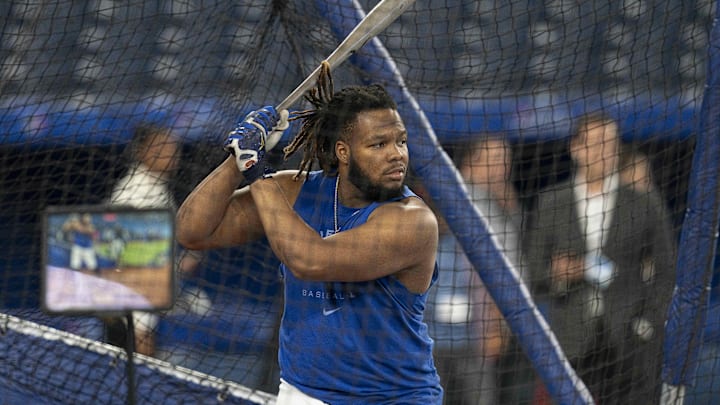 Sep 28, 2022; Toronto, Ontario, CAN;  Toronto Blue Jays first baseman Vladimir Guerrero Jr. (27)