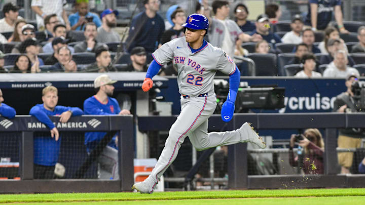 May 16, 2025; Bronx, New York, USA; New York Mets outfielder Juan Soto (22) rounds third base and scores on a RBI single by outfielder Brandon Nimmo (not pictured) during the fourth inning against the New York Yankees at Yankee Stadium. Mandatory Credit: John Jones-Imagn Images May 16, 2025; Bronx, New York, USA; New York Mets outfielder Juan Soto (22) rounds third base and scores on a RBI single by outfielder Brandon Nimmo (not pictured) during the fourth inning against the New York Yankees at Yankee Stadium. Mandatory Credit: John Jones-Imagn Images