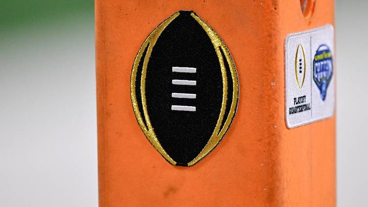 Dec 31, 2025; Arlington, TX, USA; A detailed view of the College Football Playoff logo on the pylon during the game between the Miami Hurricanes and Ohio State Buckeyes during the 2025 Cotton Bowl and quarterfinal game of the College Football Playoff at AT&T Stadium. Mandatory Credit: Jerome Miron-Imagn Images