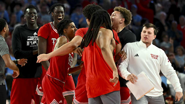 Feb 1, 2025; Houston, Texas, USA; Texas Tech Red Raiders reacts after defeating Houston Cougars at Fertitta Center. Mandatory Credit: Maria Lysaker-Imagn Images 