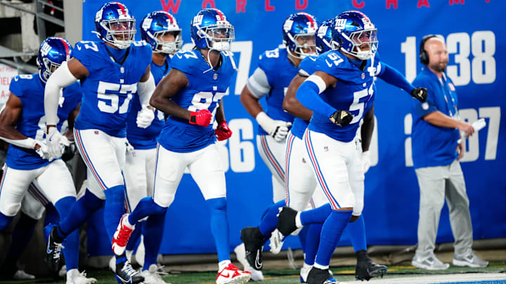 The New York Giants take the field, Thursday, August 21, 2025, in East Rutherford.