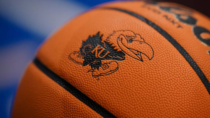 Dec 22, 2023; Lawrence, Kansas, USA; A detail view of the logo on basketballs prior to a game between the Kansas Jayhawks and Yale Bulldogs at Allen Fieldhouse. Mandatory Credit: Denny Medley-Imagn Images Dec 22, 2023; Lawrence, Kansas, USA; A detail view of the logo on basketballs prior to a game between the Kansas Jayhawks and Yale Bulldogs at Allen Fieldhouse. Mandatory Credit: Denny Medley-Imagn Images