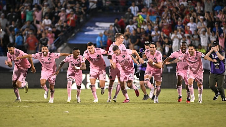 Inter Miami celebrates after Benji Cremaschi penalty kick seals a dramatic come-from-behind win at Dallas to advance to the Leagues Cup quarterfinals.