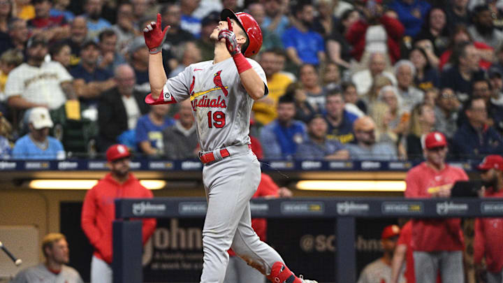 Sep 26, 2023; Milwaukee, Wisconsin, USA; St. Louis Cardinals shortstop Tommy Edman (19) celebrates after hitting a home run against the Milwaukee Brewers in the fifth inning at American Family Field. Mandatory Credit: Michael McLoone-Imagn Images