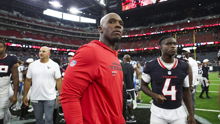 Aug 16, 2025; Houston, Texas, USA; Houston Texans head coach DeMeco Ryans walks on the field after the game against the Carolina Panthers at NRG Stadium. Mandatory Credit: Troy Taormina-Imagn Images