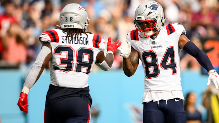 Nov 3, 2024; Nashville, Tennessee, USA;  New England Patriots wide receiver Kendrick Bourne (84) celebrate the touchdown of running back Rhamondre Stevenson (38) against the Tennessee Titans during the second half at Nissan Stadium. Mandatory Credit: Steve Roberts-Imagn Images